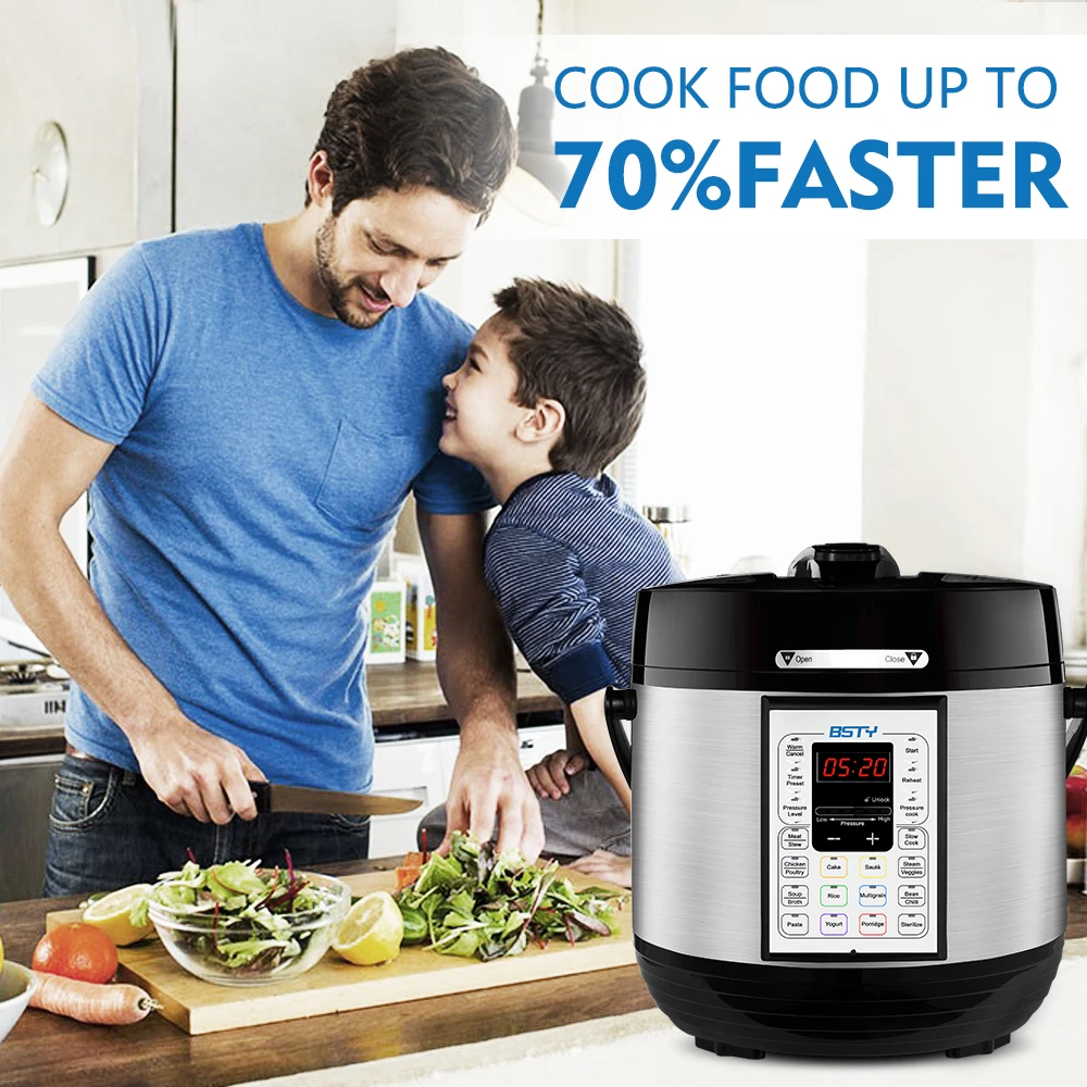 father and son using a pressure cooker